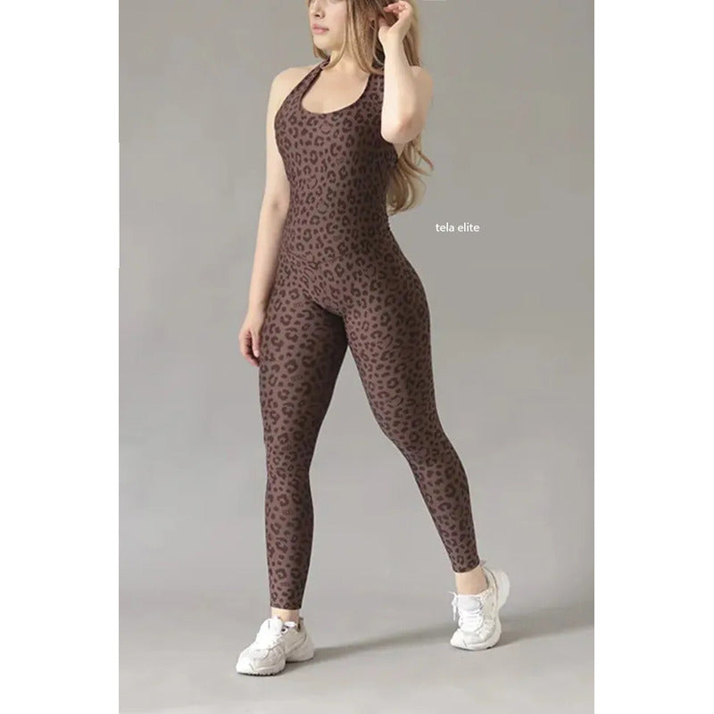 Legging Jumpsuit Lycra Colombiana Gala Sport Enterizo Flo Marrón Enterizo Elite Push Up Enhal 7630 Leopardo Ch/m/g